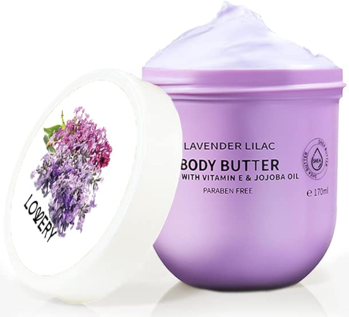 Lovery Lavender Lilac Body Butter jar showing rich texture and soothing scent