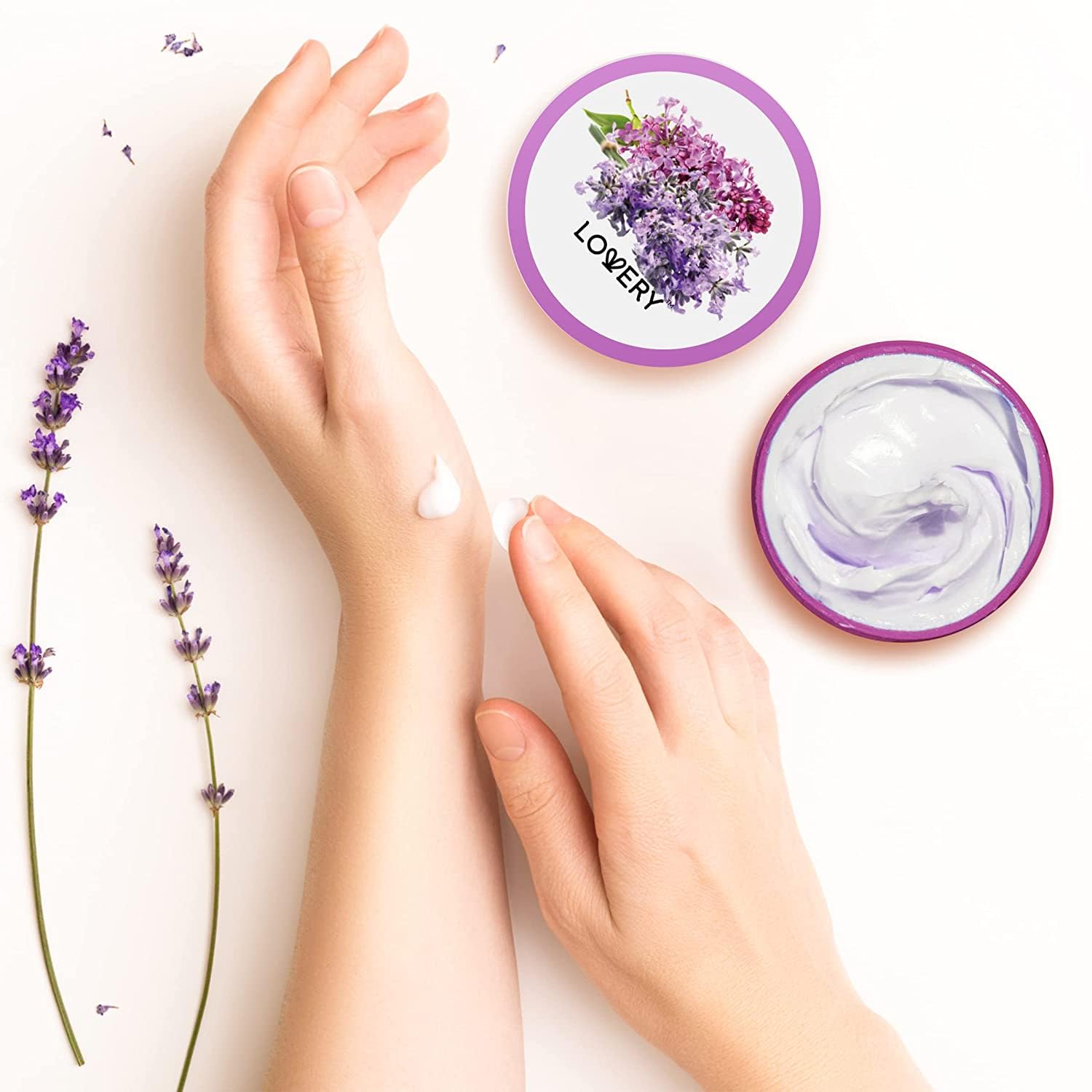 Spa-at-home scene featuring LOVERY Lavender Lilac Body Butter routine