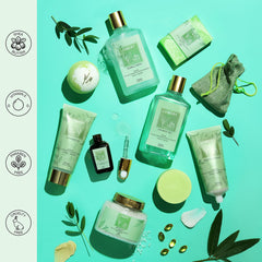 Lovery Tea Tree Oil bottle highlighting calming scent and home spa versatility.