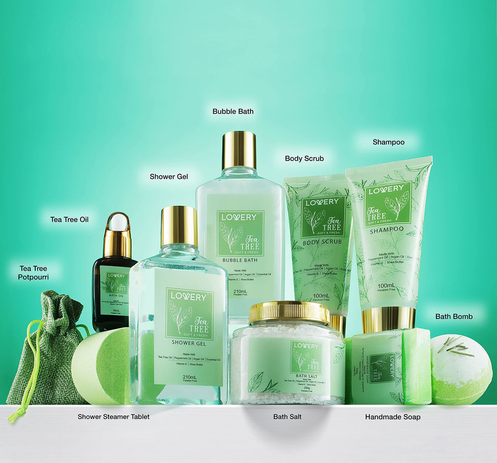 Lovery Tea Tree Shower Gel bottle with refreshing mint notes for daily cleanse.