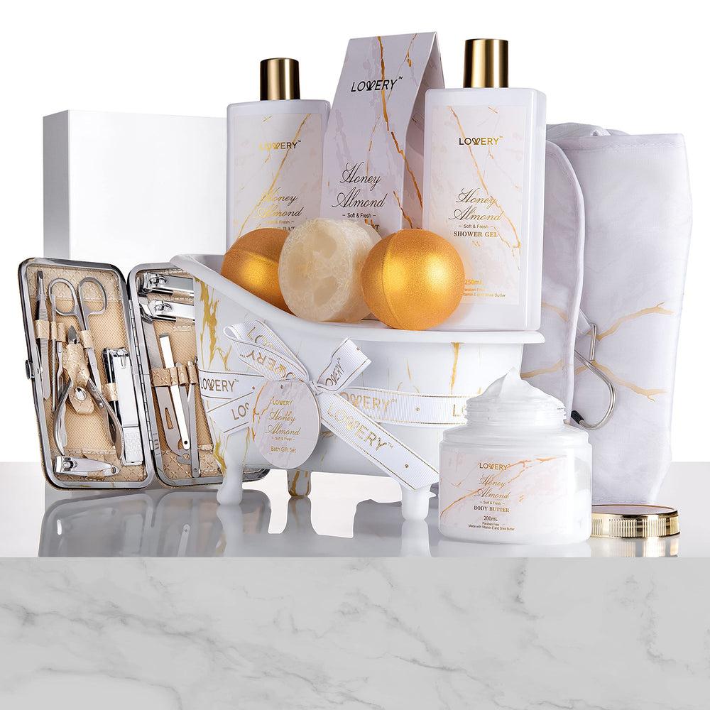 LOVERY marbleized toiletry bag open to reveal organized compartments