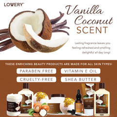 LOVERY vanilla coconut body oil – lightweight hydration nourishes skin after shower.