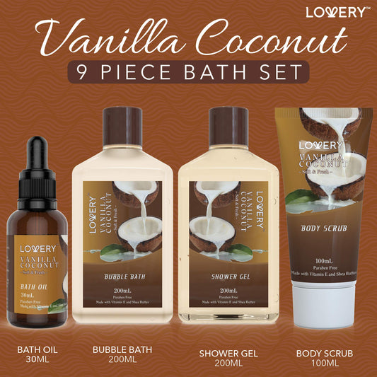 LOVERY vanilla coconut bubble bath – luxurious foaming soak for relaxation and skin softness.