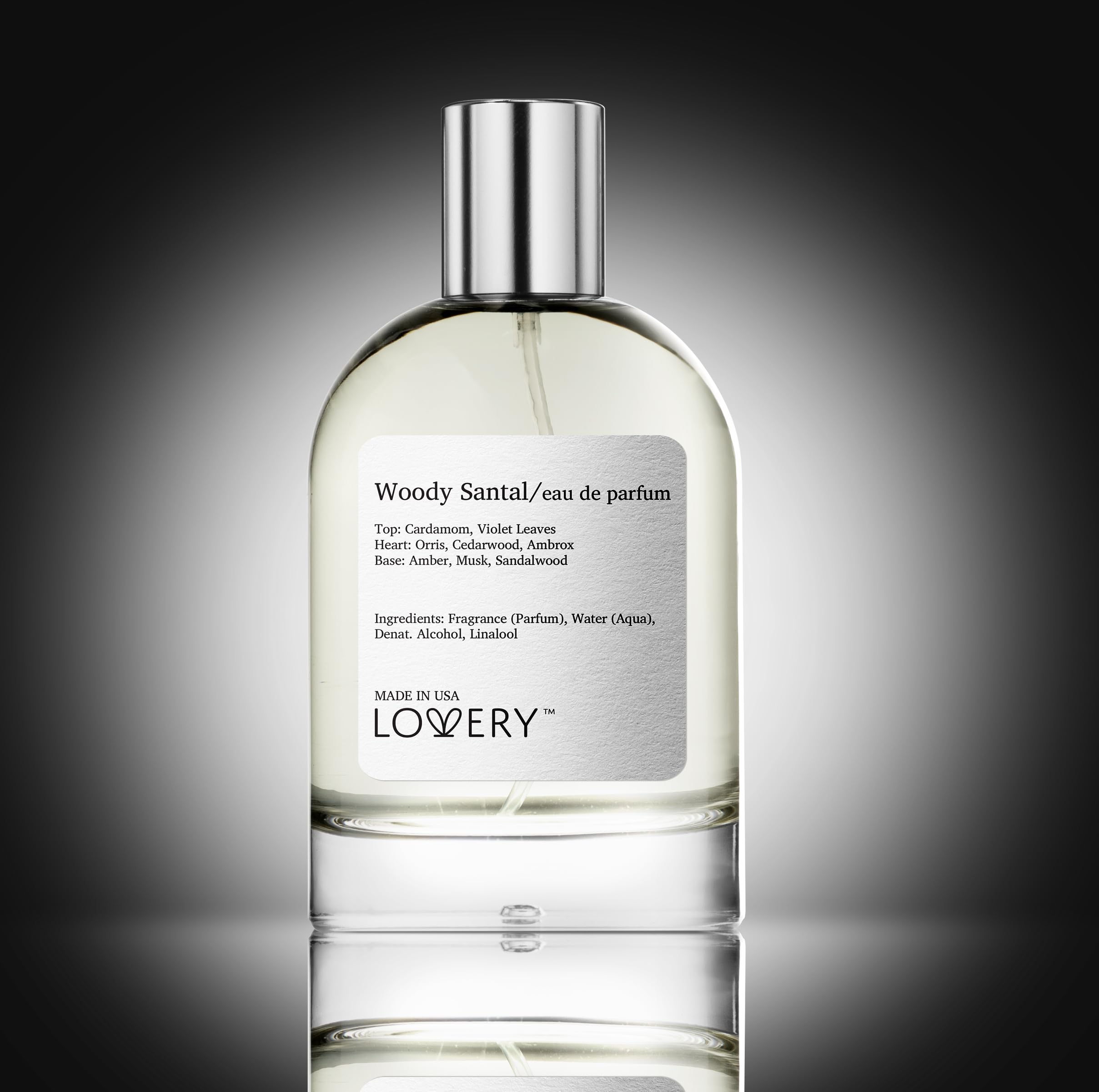 LOVERY Woody Santal bottle cap closeup, premium design for gifting.