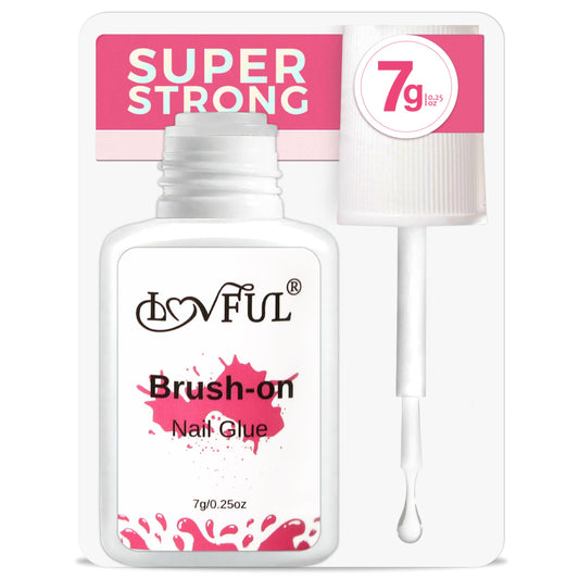 Lovful brush-on nail glue with built-in applicator for precise application.
