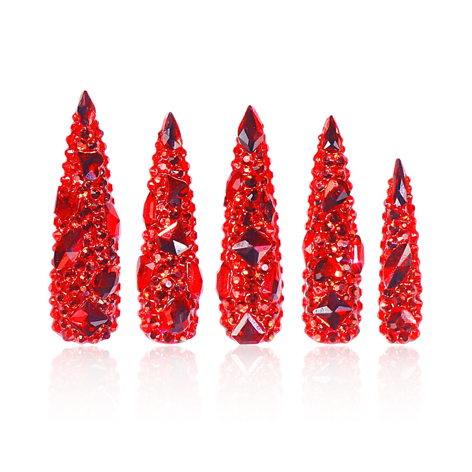 LOVFUL Flaming Luxury Red Stiletto nails with full crystals for glamorous evenings.
