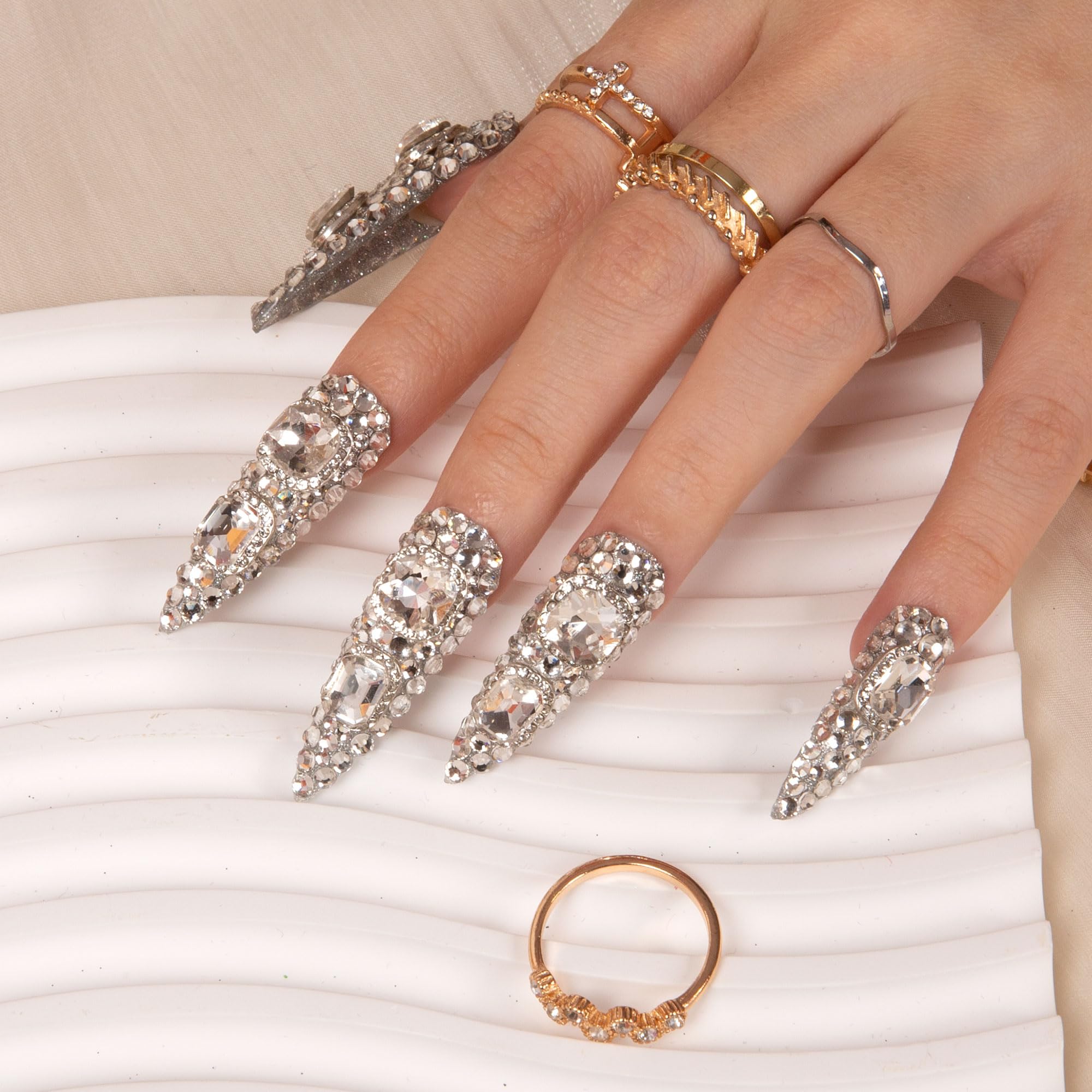 LOVFUL handmade full-cover nails showcasing crystal detail for luxury look.