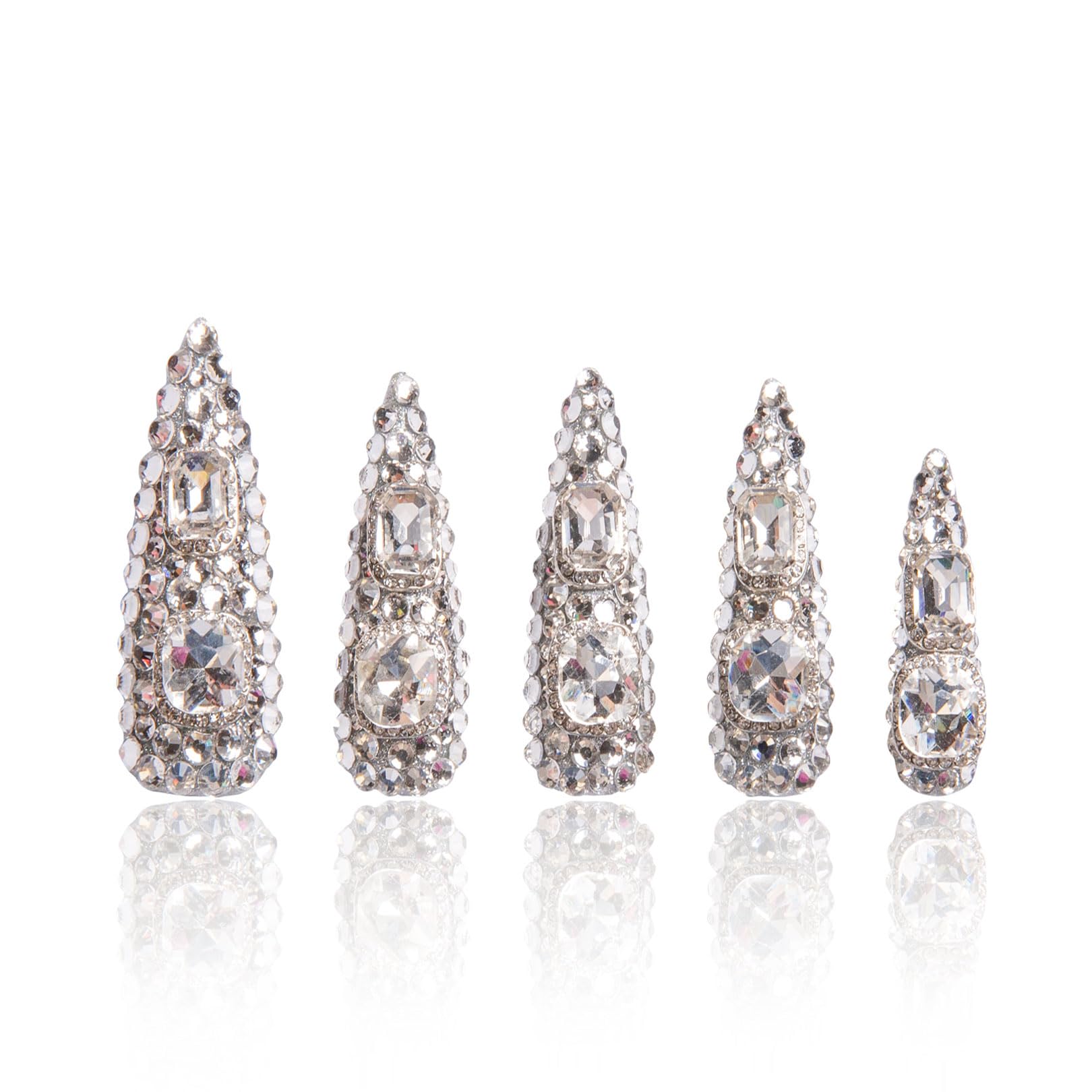 LOVFUL Silver Majesty nails with full crystals for a salon-like finish.