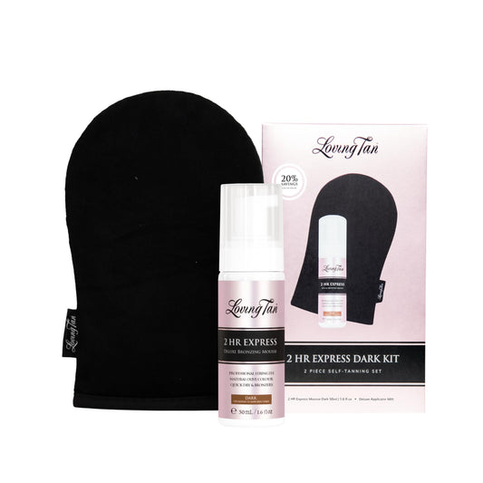 Loving Tan 2HR Express Mousse travel kit showing tinted colour guide for even application.