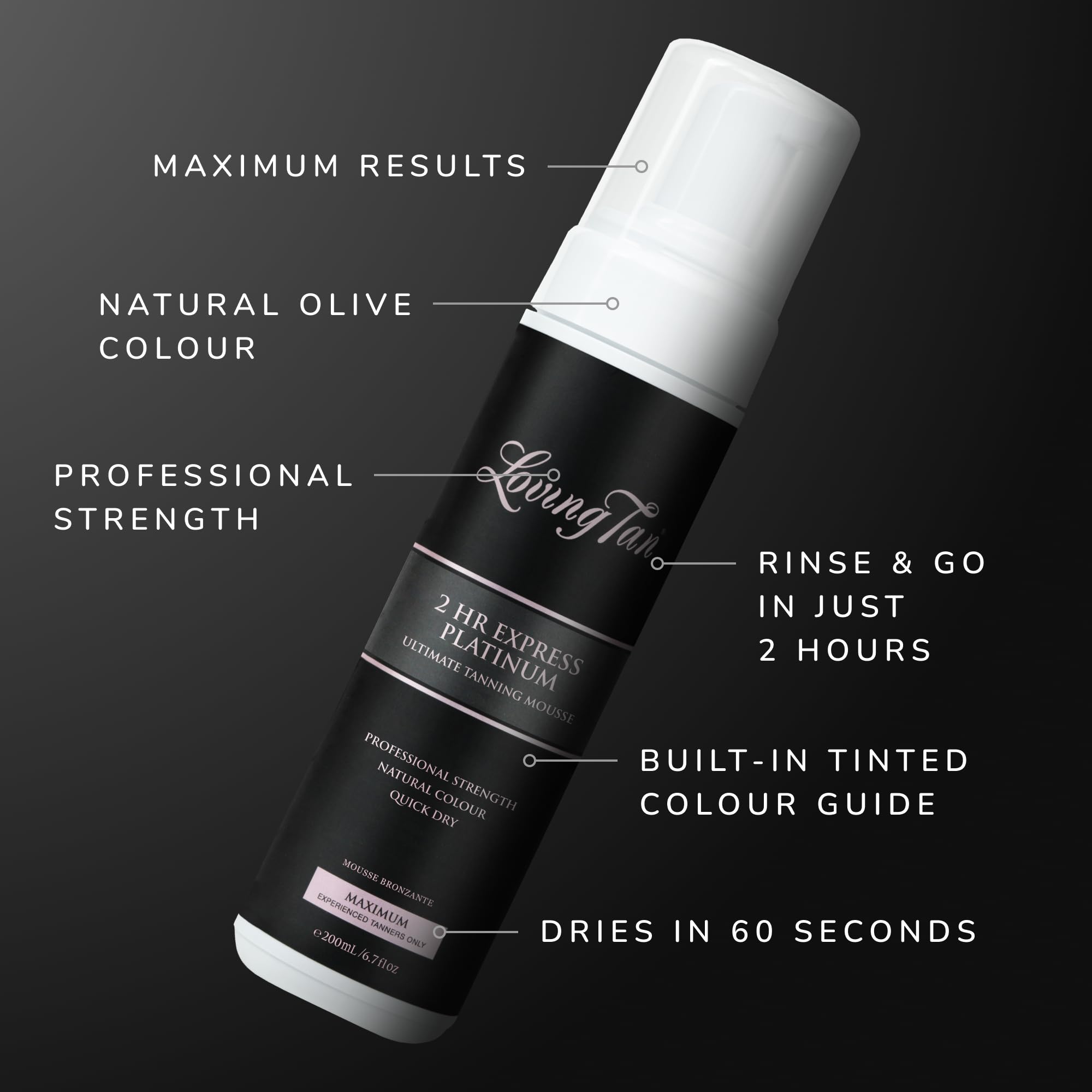 Loving Tan Platinum mousse shows 60-second dry time for rapid results.