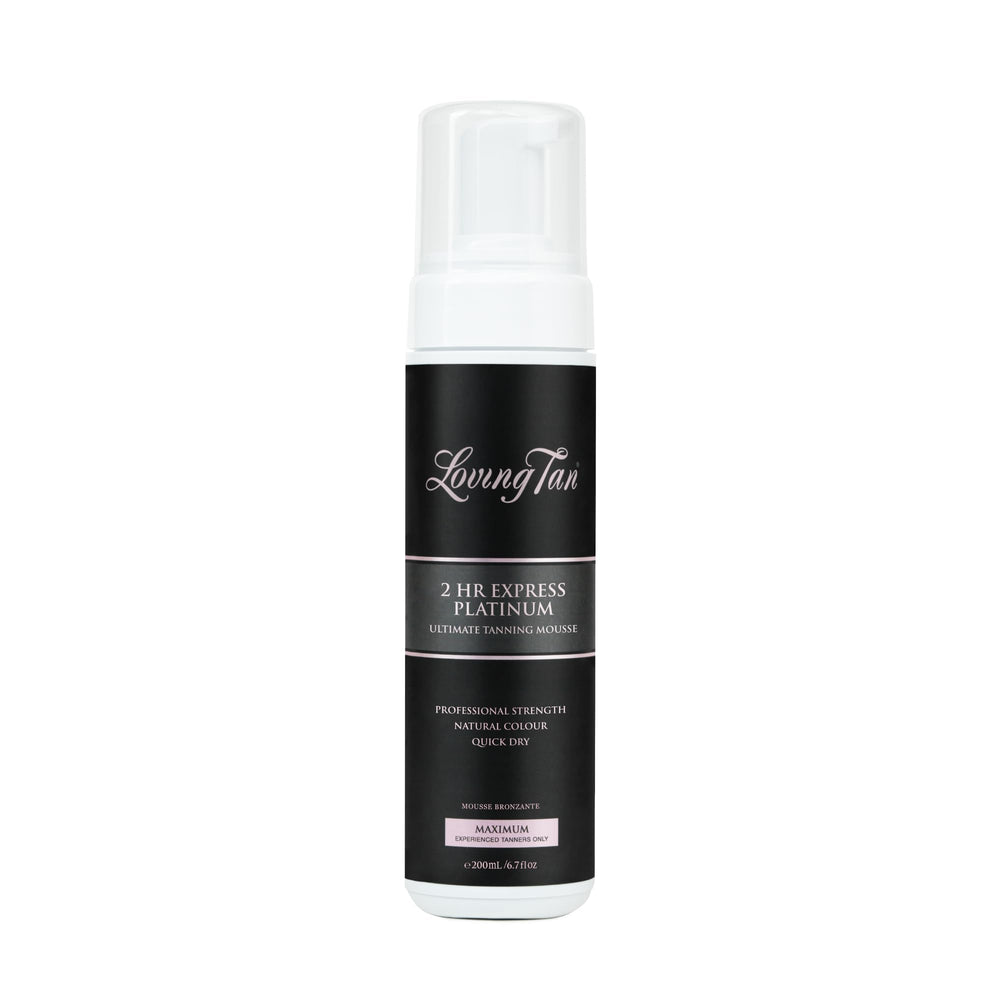 Loving Tan Platinum 2 HR Express bottle shows a deep shade for a sunless glow.