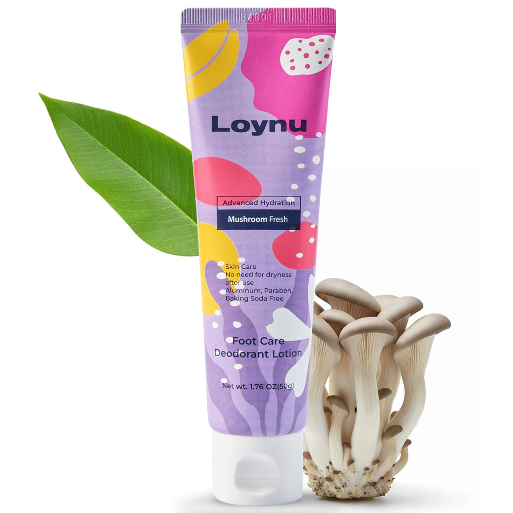 LOYNU Foot Care Deodorant Lotion bottle pouring for long-lasting odor control.