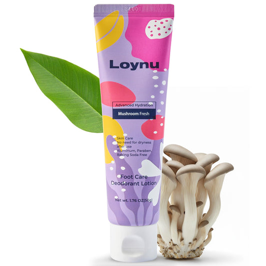 LOYNU Foot Care Deodorant Lotion bottle pouring for long-lasting odor control.