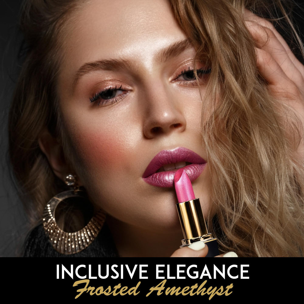 L'Paige Frosted Amethyst Lipstick on lips shows hydrated, shimmering finish.