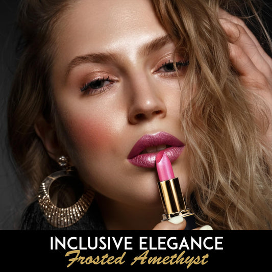 L'Paige Frosted Amethyst Lipstick on lips shows hydrated, shimmering finish.