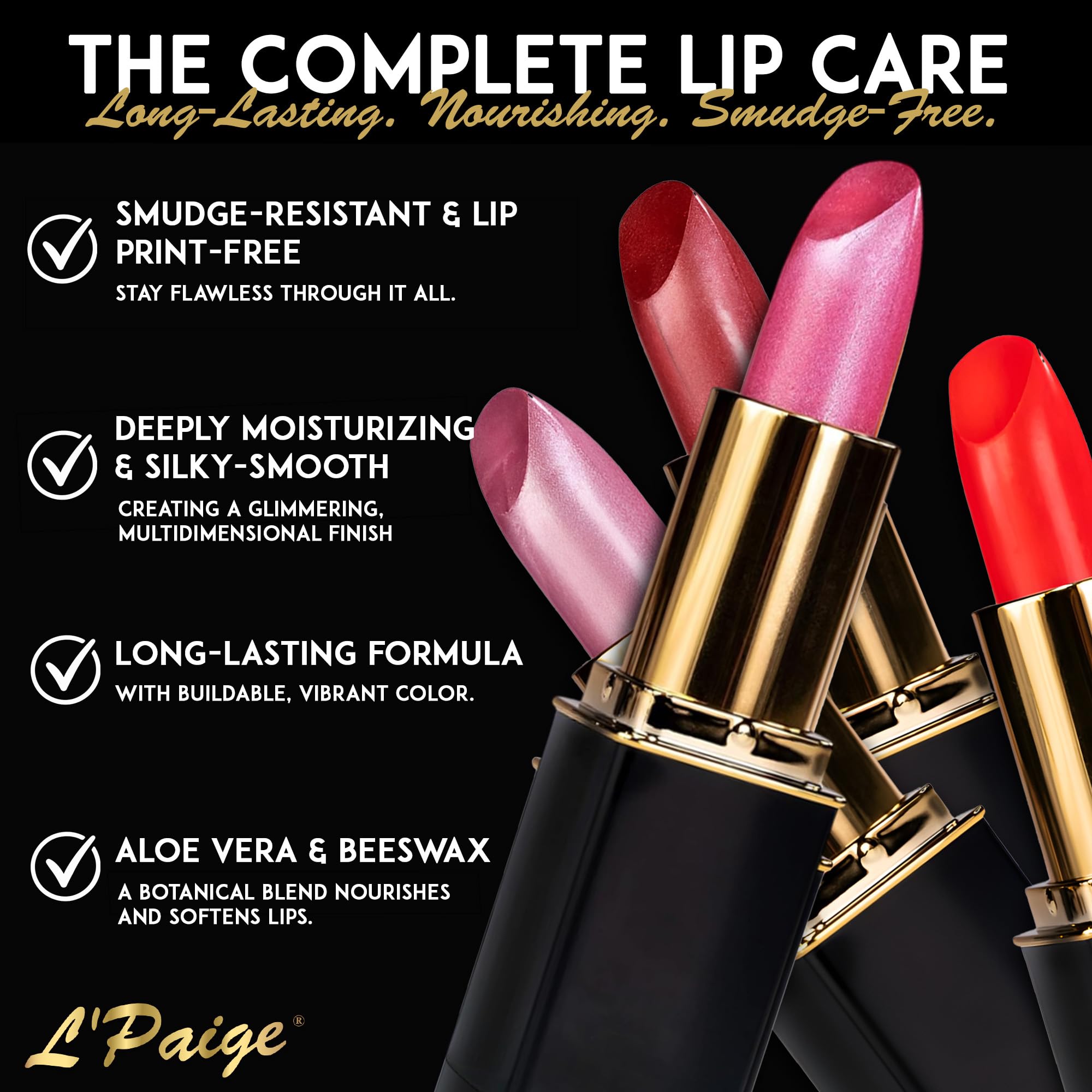 Aloe vera-based formula with botanical oils in L'Paige lipstick.
