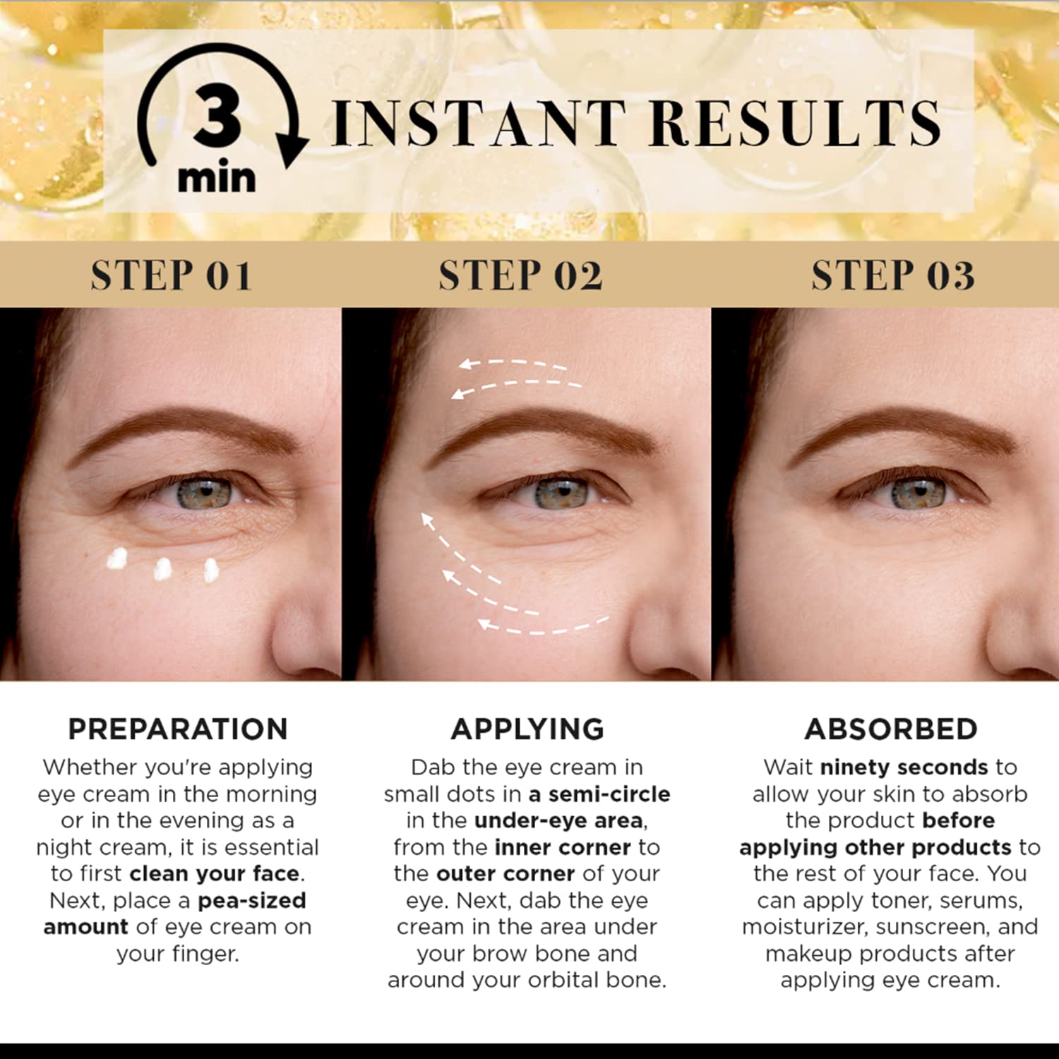 LPH LAB Eye Cream application method shows easy pea-size application.