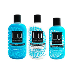 Lu by LatinUs shampoo bottle showing anti-frizz protection for smoother styling
