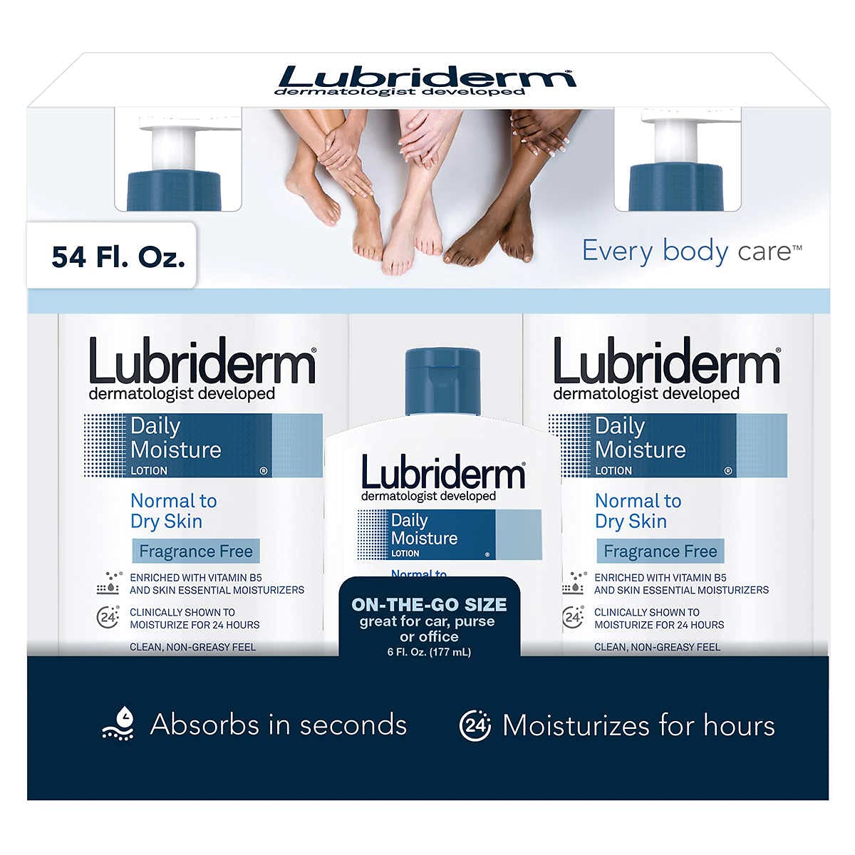 Lubriderm Daily Moisture fragrance free bottle shown for everyday hydration