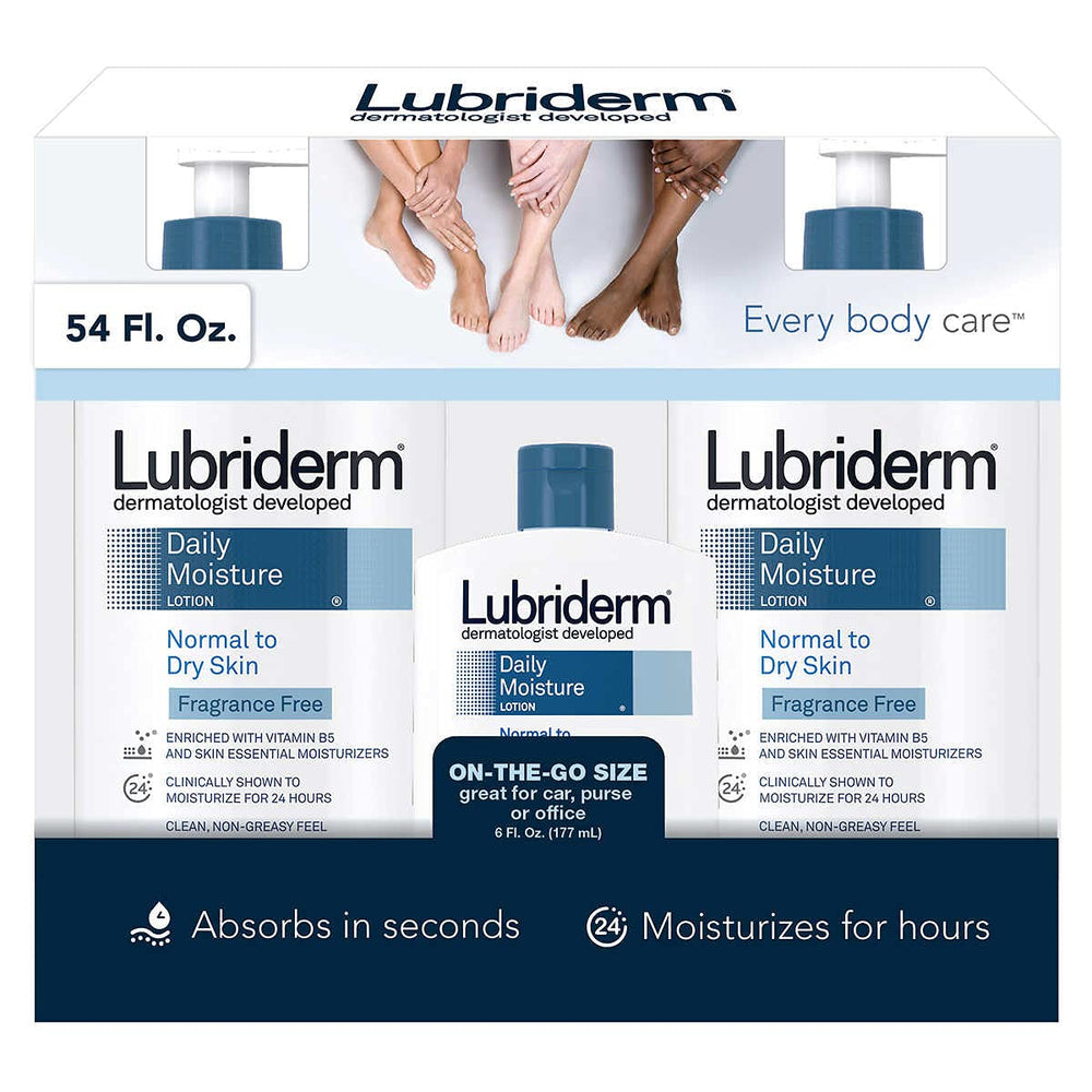 Lubriderm Daily Moisture fragrance free bottle shown for everyday hydration