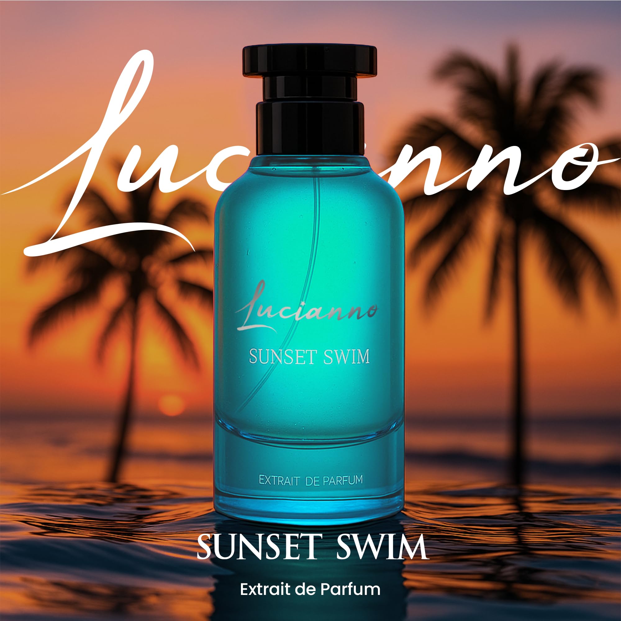 Lucianno Sunset Swim bottle label, premium branding communicates quality and elegance.