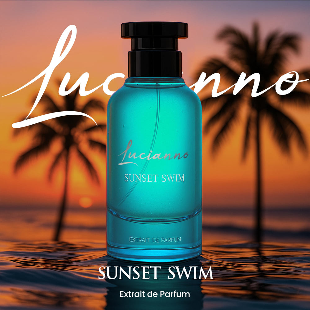 Lucianno Sunset Swim bottle label, premium branding communicates quality and elegance.