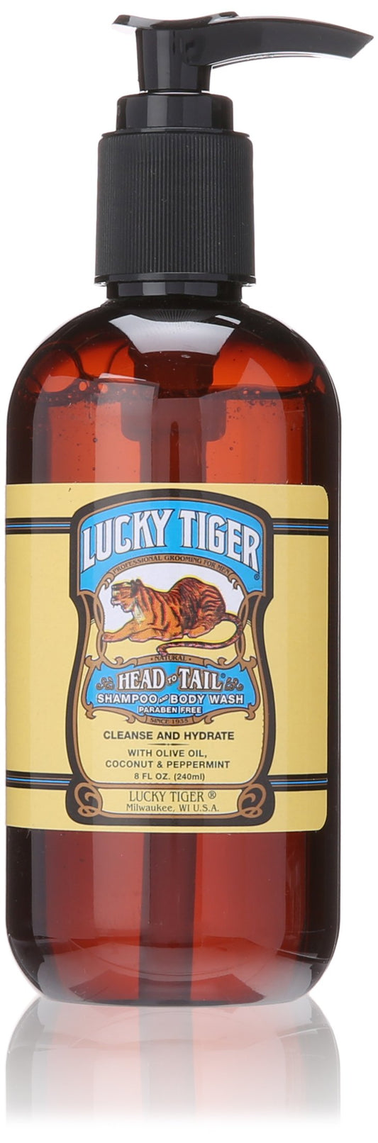 Lucky Tiger peppermint shampoo bottle for all-over cleansing and refreshing hydration.
