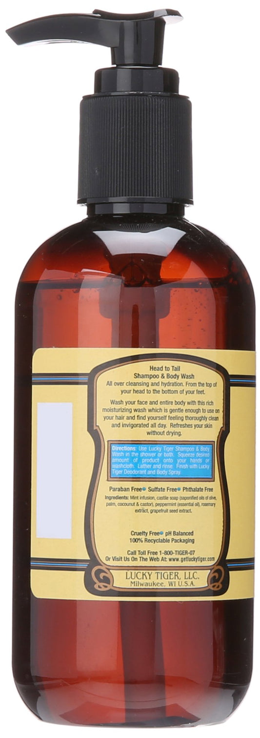Lucky Tiger shampoo and body wash label emphasizes organic ingredients and peppermint scent.