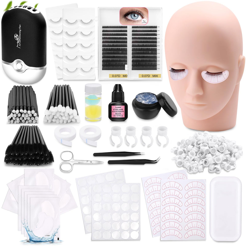 Lucomb eyelash kit head for training with realistic silicone skin.