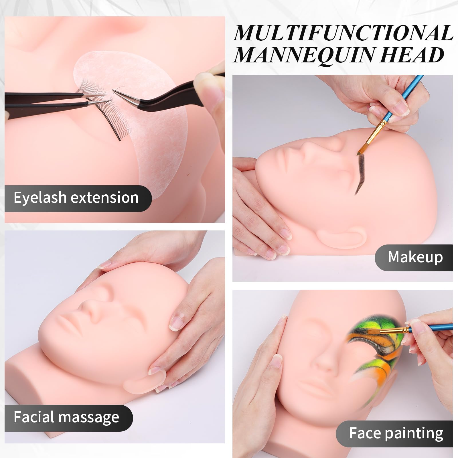 Lucomb mannequin head in silicone skin for reusable lash practice and makeup demos.