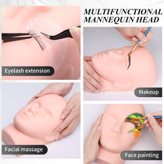 Lucomb mannequin head in silicone skin for reusable lash practice and makeup demos.