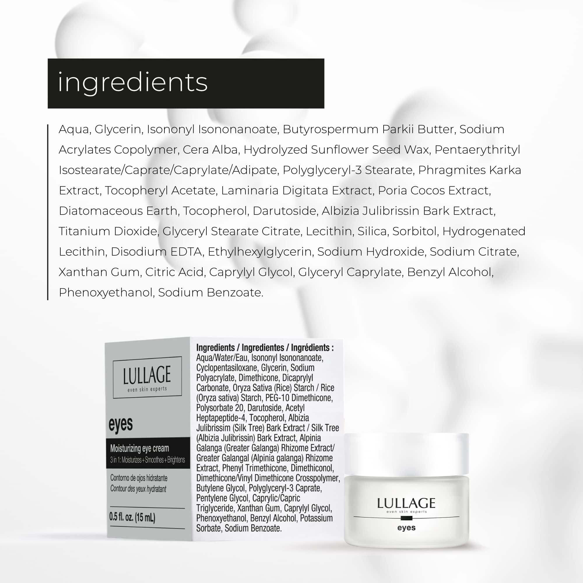 LULLAGE Eye Cream Silk Tree Bark visual emphasizes hydrating, smoothing action for under-eye areas.