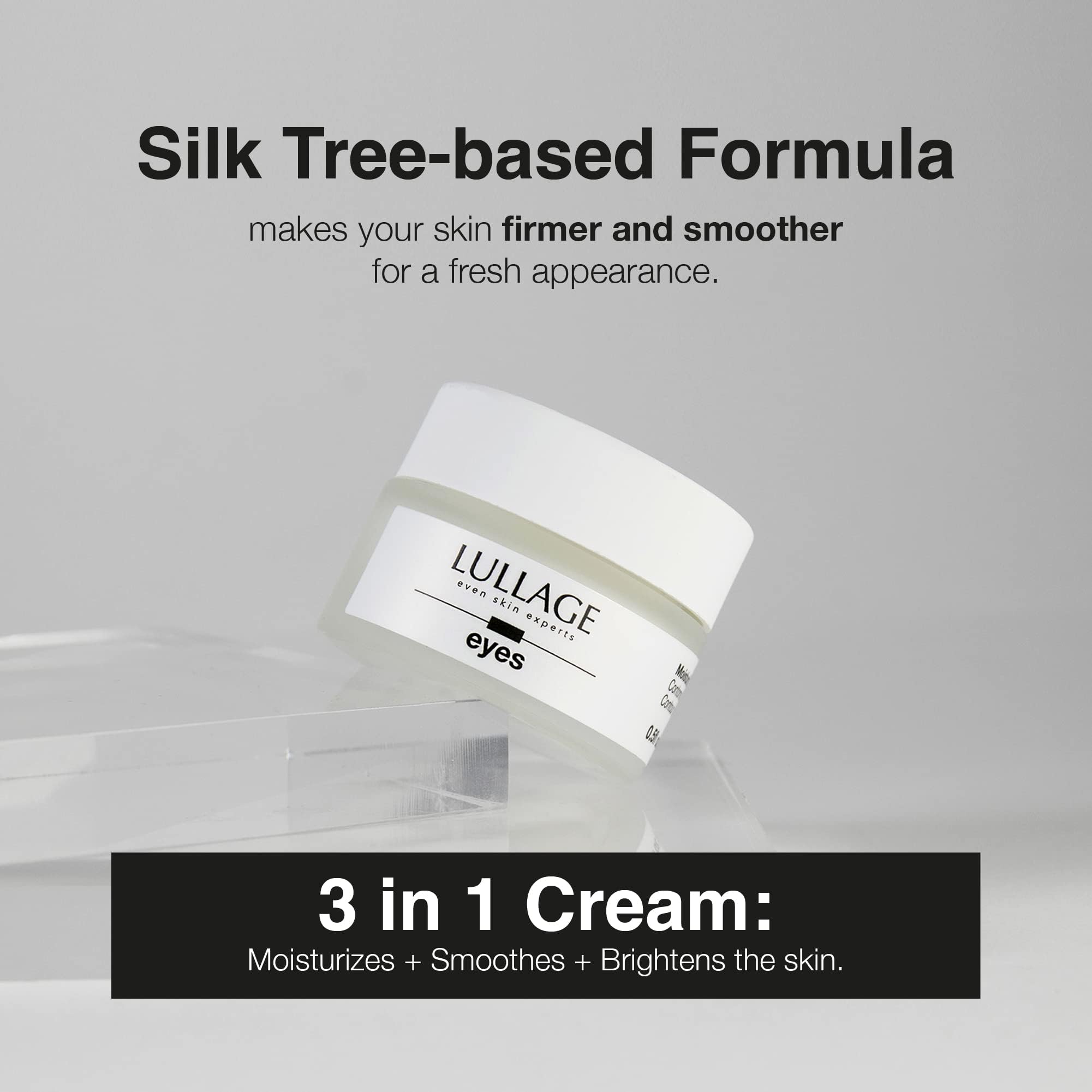LULLAGE Eye Cream texture swirl highlights lightweight, non-greasy feel for daytime use.