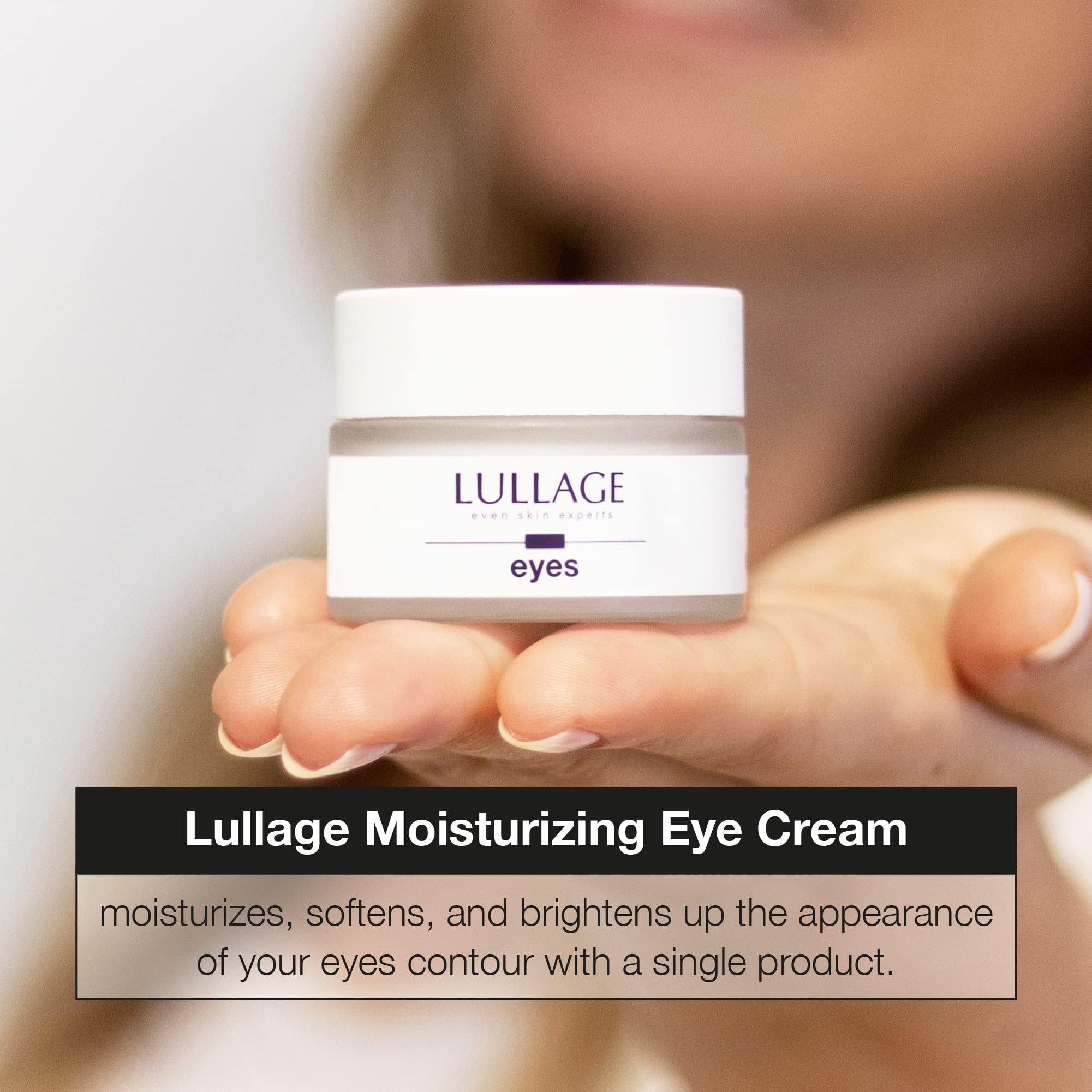 LULLAGE Eye Cream under-eye application demonstrates smoothing and hydration in progress.