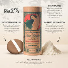 Lulu Organics dry shampoo powder pour enables quick root refresh between washes