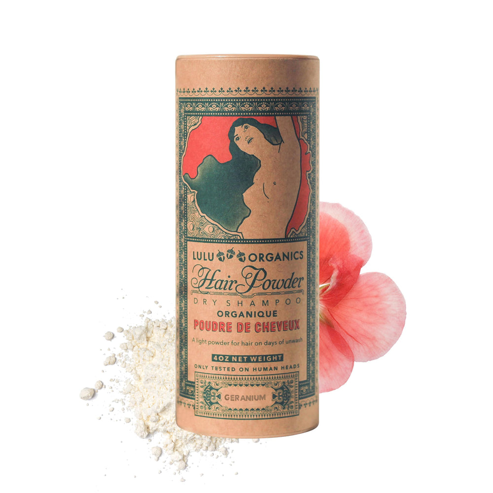 Lulu Organics dry shampoo powder packaging for easy on-the-go refresh
