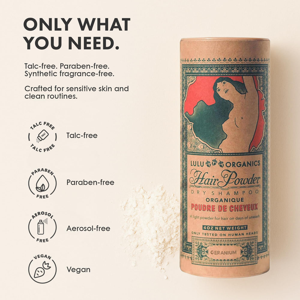 Lulu Organics dry shampoo powder on roots delivers oil control and volume