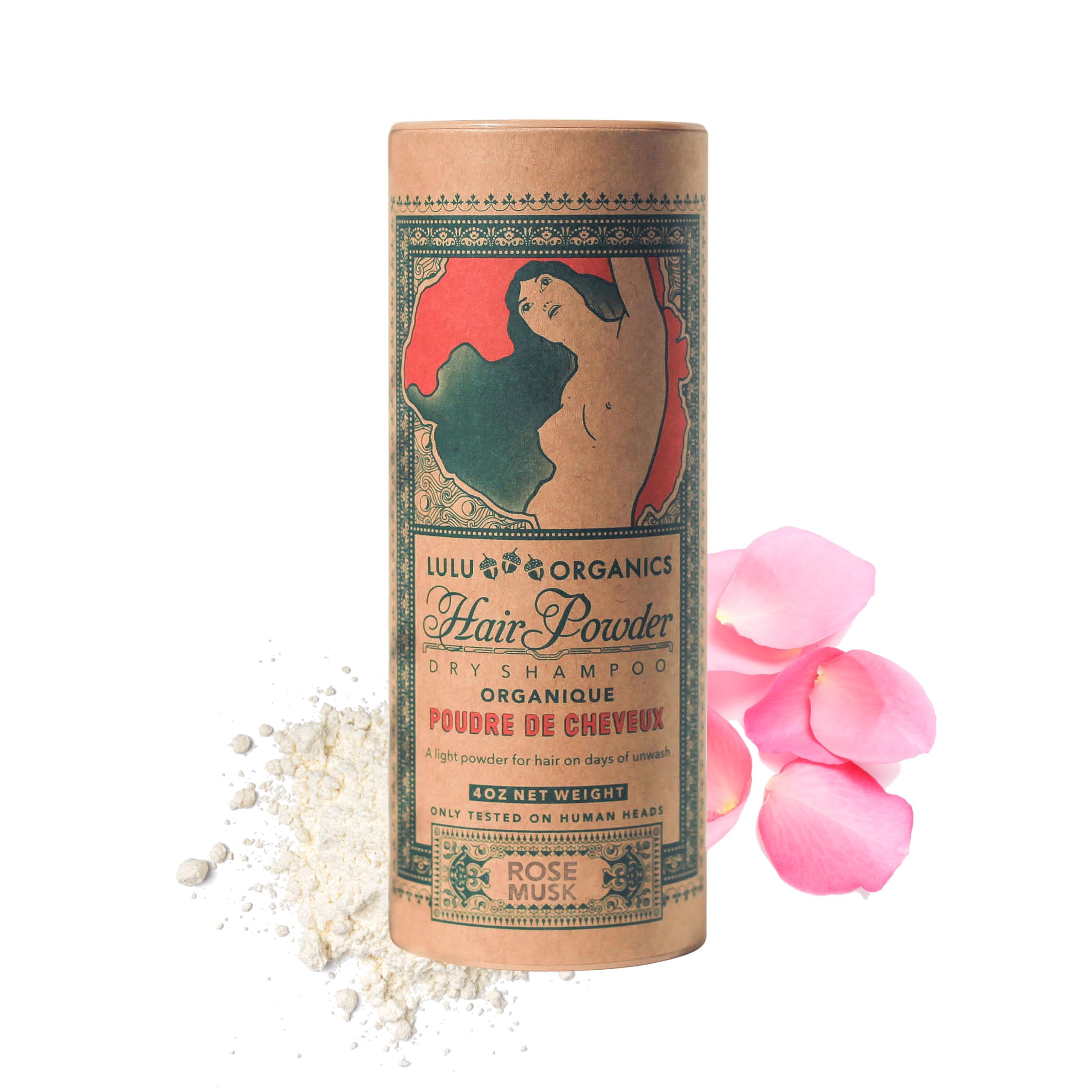 Lulu Organics Dry Shampoo Powder Rose Musk close-up highlighting natural scent and talc-free formula.