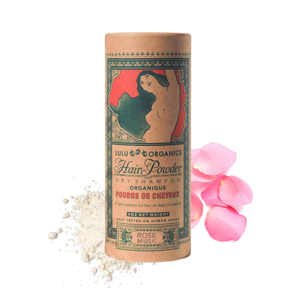 Lulu Organics Dry Shampoo Powder Rose Musk close-up highlighting natural scent and talc-free formula.