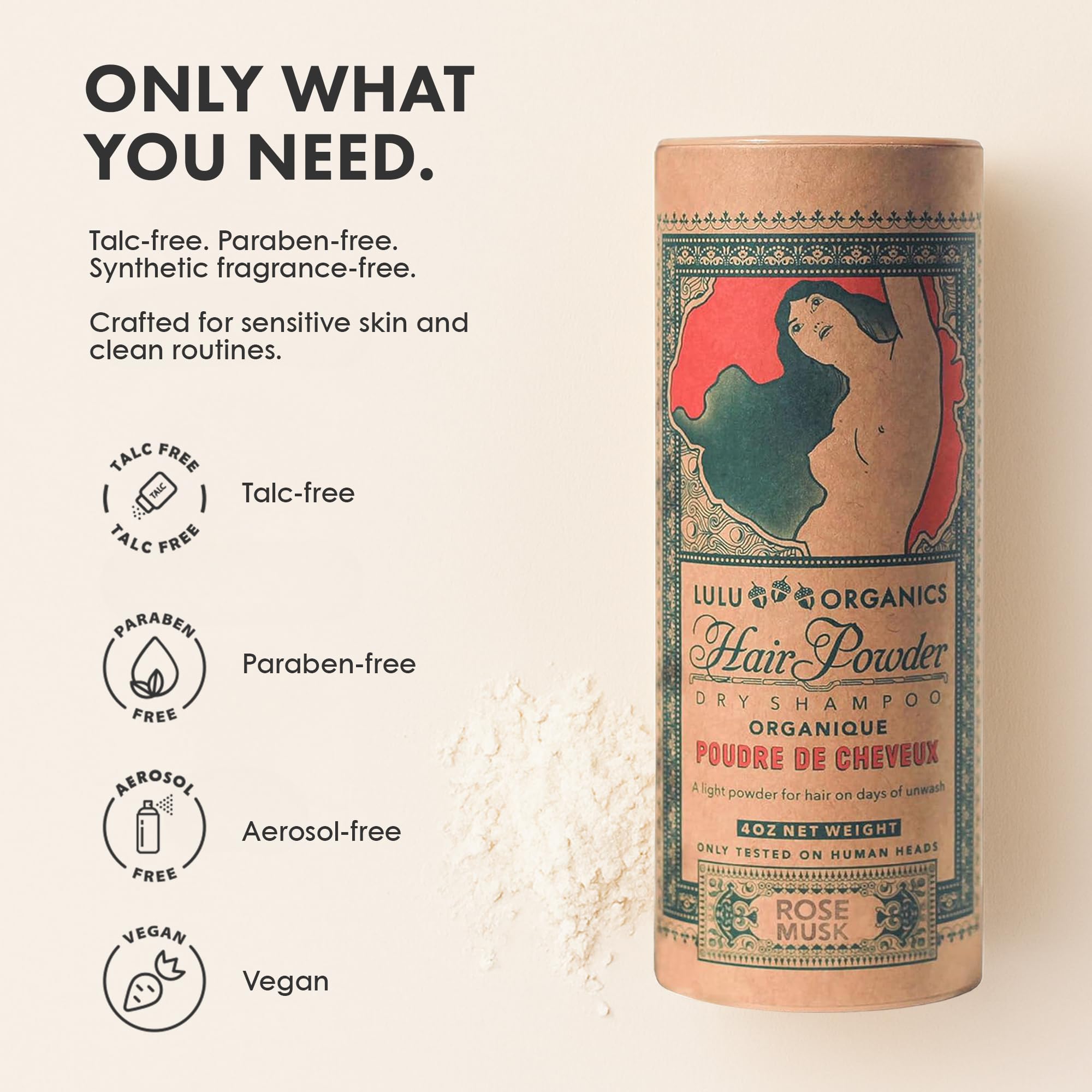 Lulu Organics powder used on skin as a light, refreshing body powder.