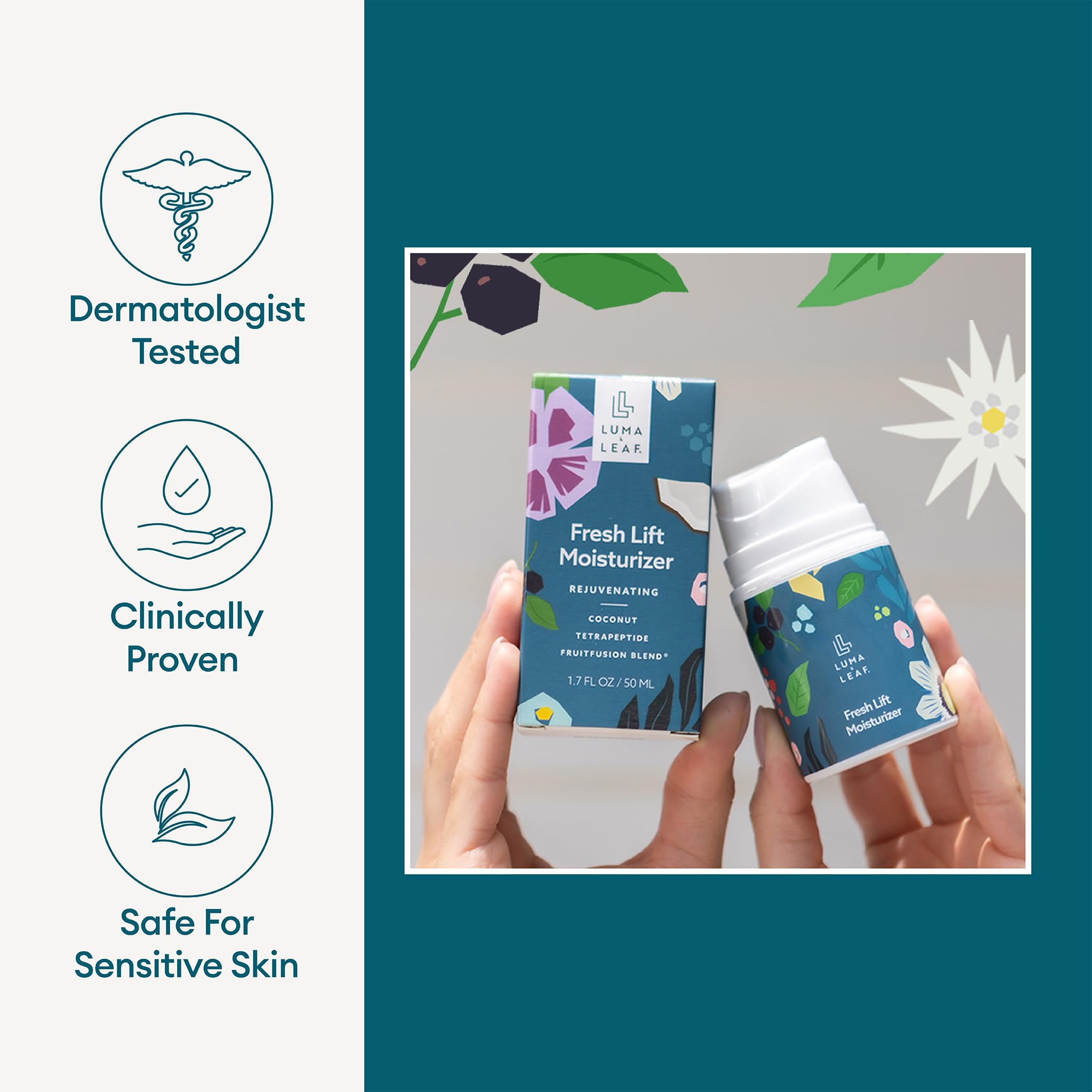 LUMA & LEAF dewy finish image suggests makeup-ready skin after use.