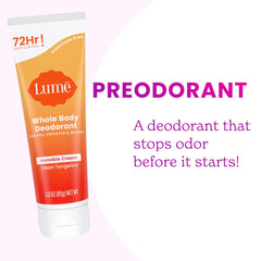 Product label highlighting 72-hour odor control and skin-friendly formula.