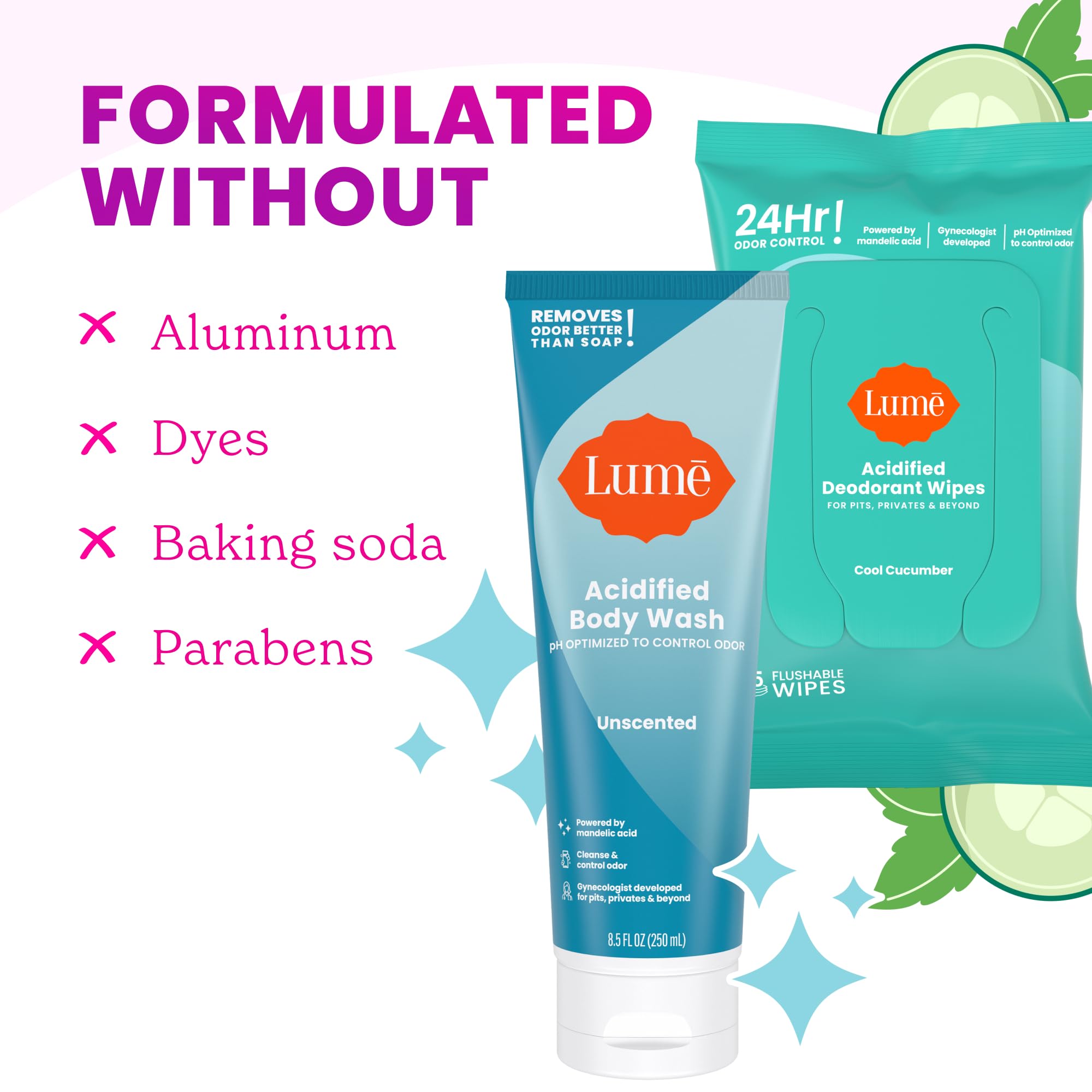 Lume Acidified Body Wash label detail highlights unscented formula for everyday odor management