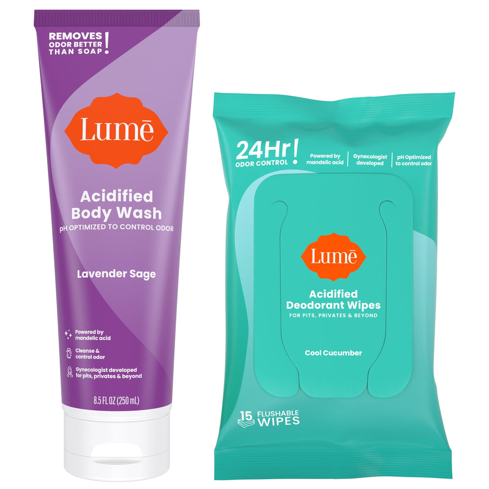 Lume Acidified Body Wash Lavender Sage bottle showing hydrating formula and long-lasting freshness.