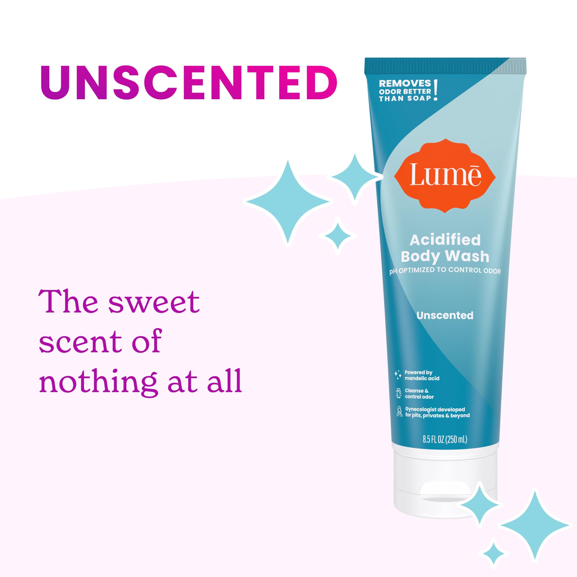 Lume Acidified Body Wash unscented application shows odor control in sensitive areas