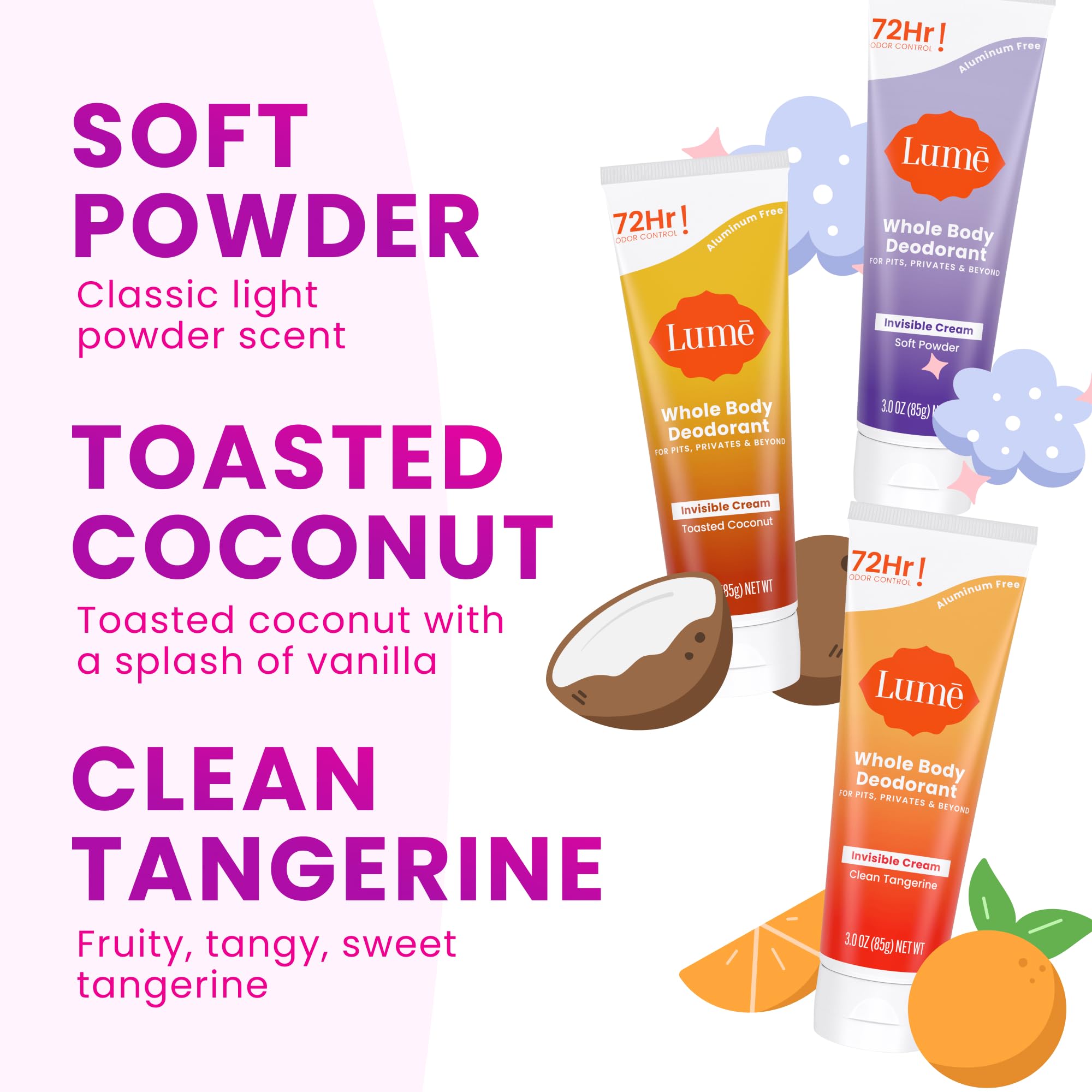 Lume baking soda-free formula label highlighting skin-safe care