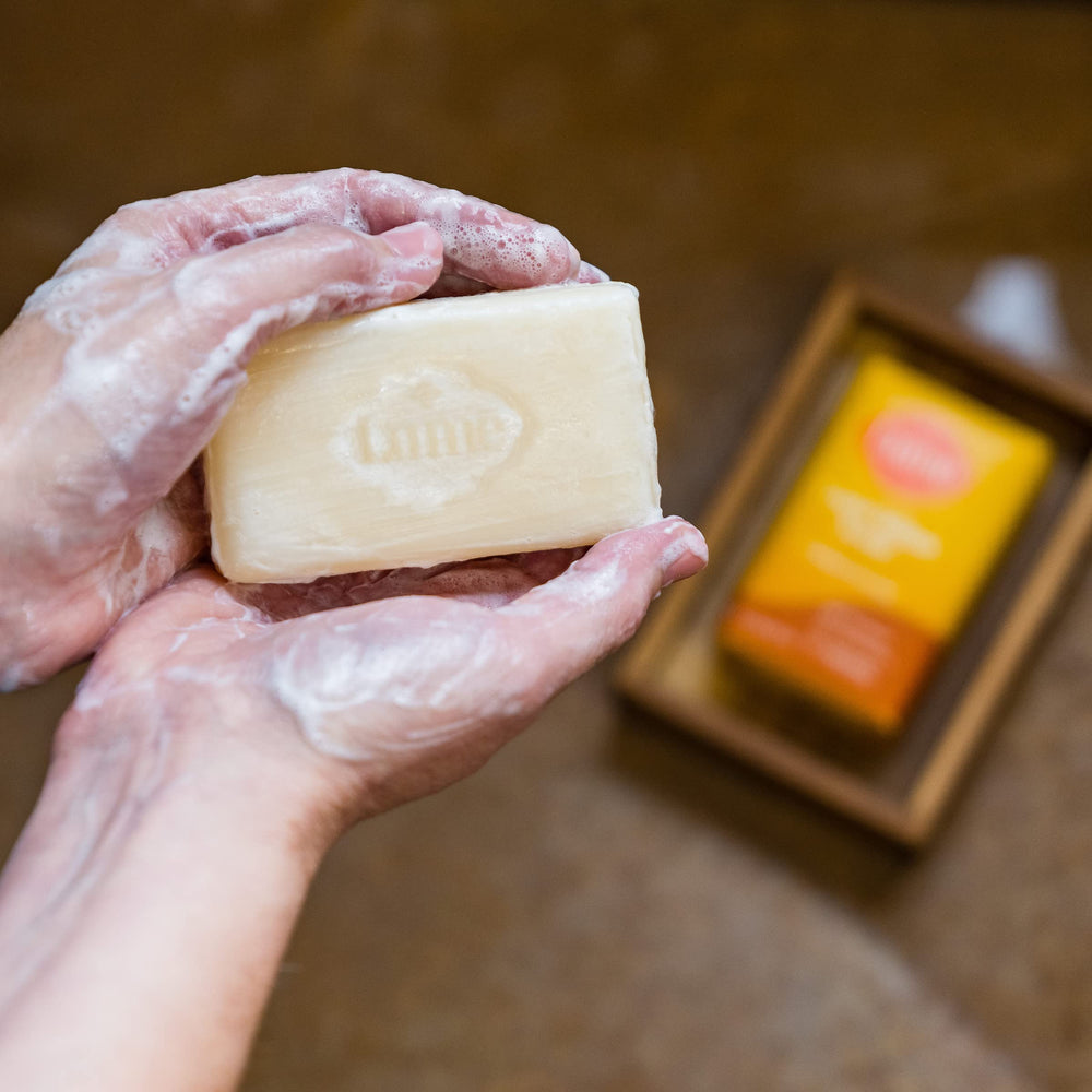 Lume bar soap gently cleanses with SLS-free formula suitable for sensitive skin