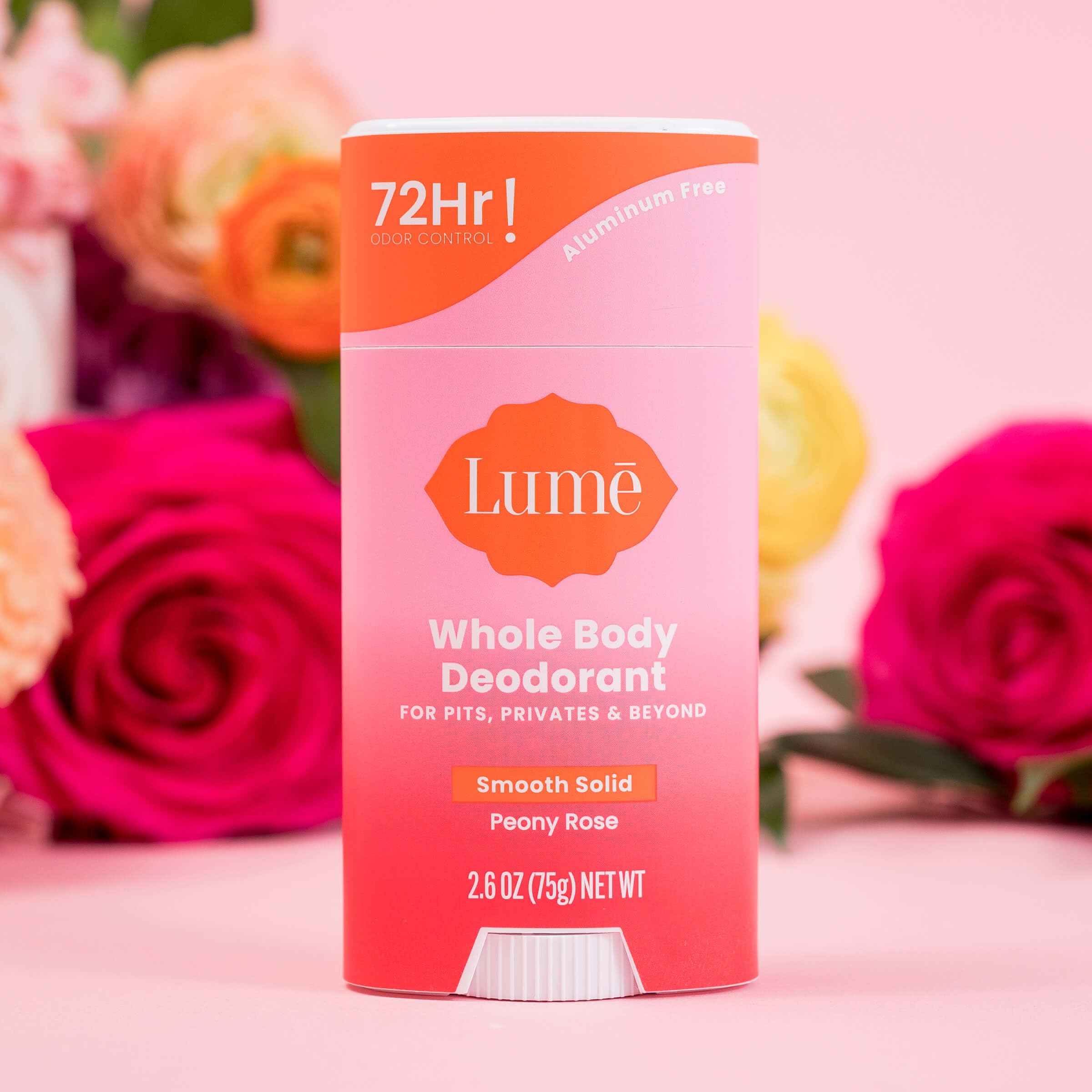 Product container with Lume logo and Peony Rose label.