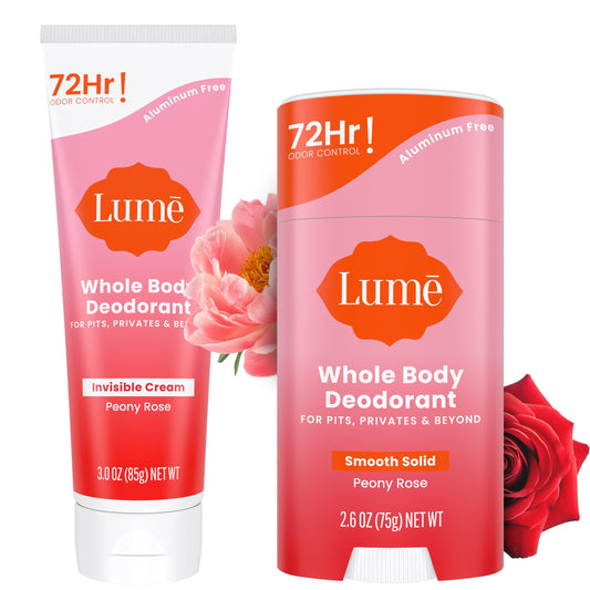 Lume bundle Peony Rose deodorant packaging suggests all-day odor control