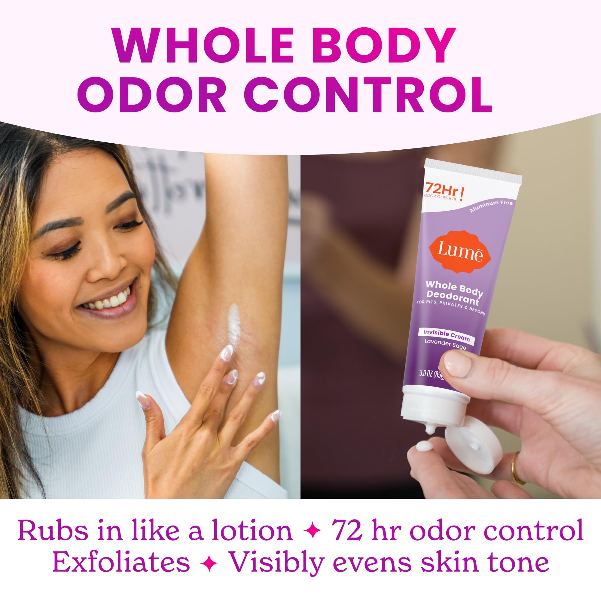 Lume bundle use-case image across armpits and beyond with fresh scent